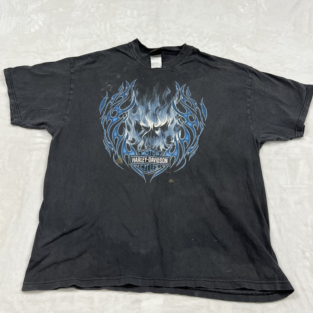 Harley-Davidson Graphic T-Shirt Mens XL Black Blue Flaming Skull Distressed